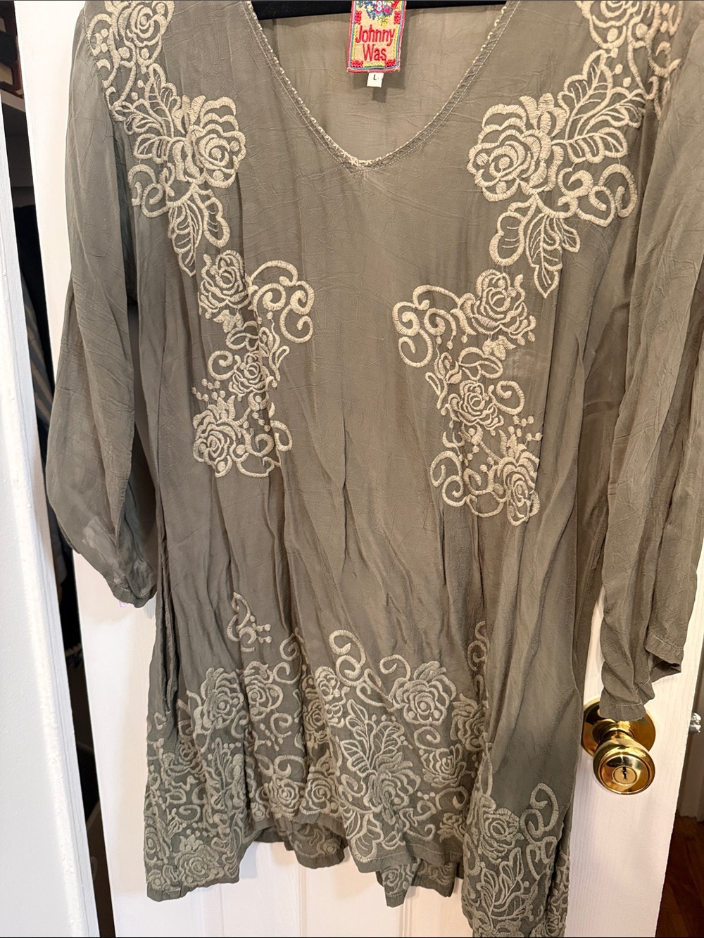 Johnny Was Olive Green Embroidered V-Neck Tunic - Picture 7 of 7